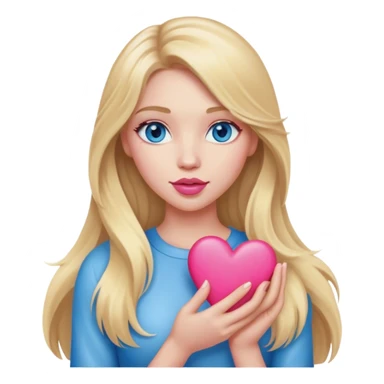 A realistic blonde with long hair and blue eyes and pink lips holds a heart in her hand sticker