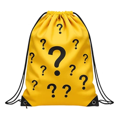 drawstring bag printed with overstuffed with yellow question marks sticker