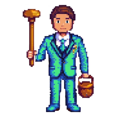 pixel art lawyer with a pixelated suit and a pixelated gavel sticker