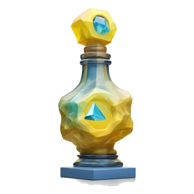 symbolic clouds in a bottle sculpture symbolizing Gemini with a geometric, faceted design. The bottle is standing upright with angular and baroque features. The vibrant yellow lightning colors highlights the sharp edges and planes.  sticker