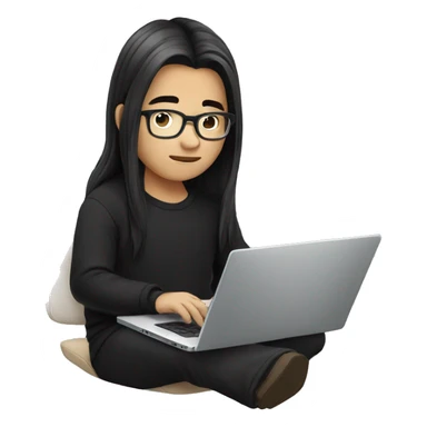 asian boy with glasses, long hair working, wearing black clothes , on his laptop  sticker
