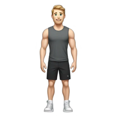 Full height Actively gesturing with hands Pale skinned Fit Man With the biceps and brown hair in dark gray Sleeveless Mike, black oversize sports shorts and white Sneakers sticker
