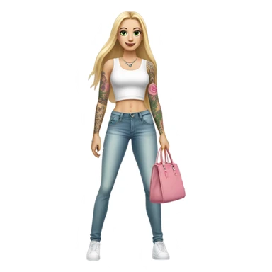 Realistic White girl with Long straight blonde hair, green eyes, tattoos, full body wearing white crop top and jeans, holding pink handbag sticker