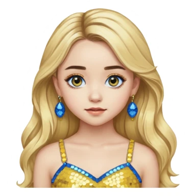 Sabrina Carpenter with long blonde hair, yellow sequin crop top, yellow earring, blue eye sticker