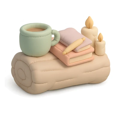 a log with tea, books, and candles, soft forest journaling mood, soft pastel colors, cushion style sticker