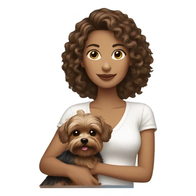 white women with curly medium length brunette hair, holding a cute yorkie dog sticker