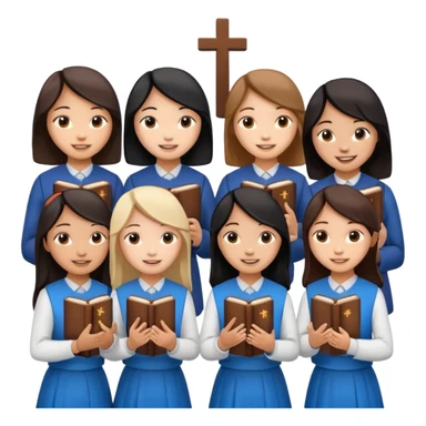 eight asian girls talking to each other holding bibles and crosses sticker
