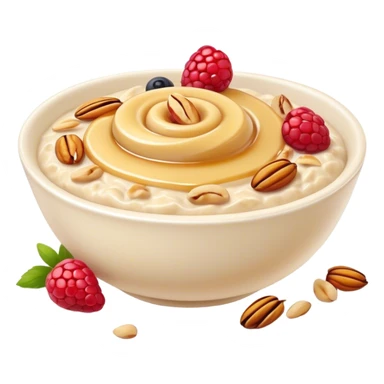 Cinematic creamy oatmeal, smooth texture with a swirl of honey on top, garnished with fresh berries and nuts, warm and comforting, cozy golden tones, rich and delicious. sticker