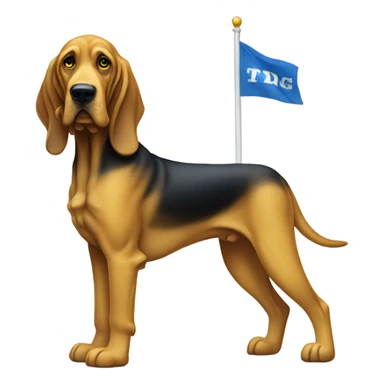 A Blue and yellow bloodhound dog standing erect on its hind legs with a white flag attached to its tail. sticker