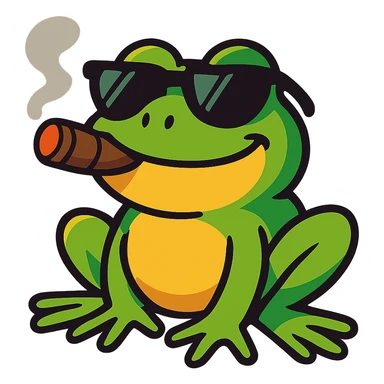 realistic cartoon frog with ray bans, satisfied expression, smoking a cigar, vibrant toon style sticker