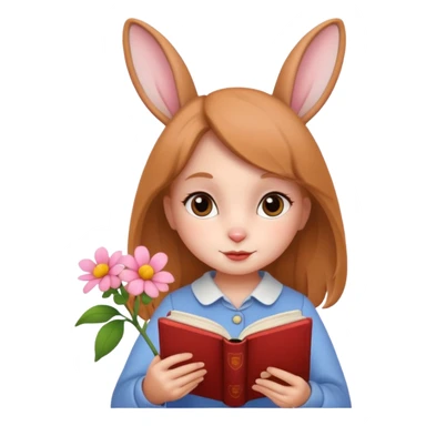 rabbit girl reading book + flower sticker
