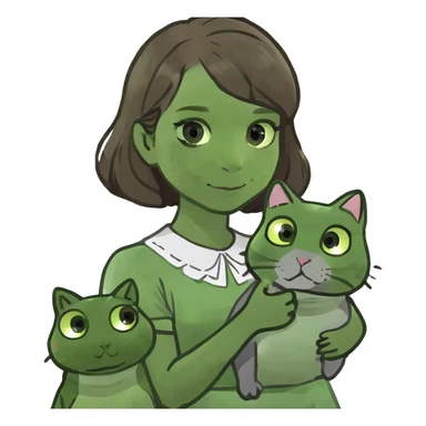 A girl with brown hair holding a grey cat and a cat that is grey and white sticker