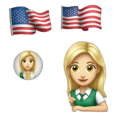 English teacher female with blonde hair and green eyes with English book with Ukrainian flag  and usa flags sticker
