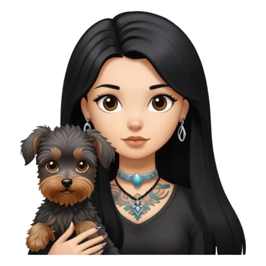 girl with long black  straight hair and tattoos and a  silver Yorkshire and a brown poodle sticker