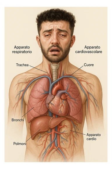 Uomo con stanchezza e respiro corto vista anatomica immagine realistica in 3D in italiano sticker