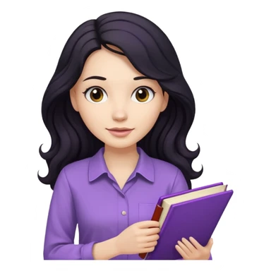 Long Hair Women with Black wavy hair, with purple Book, beige shir, without background sticker
