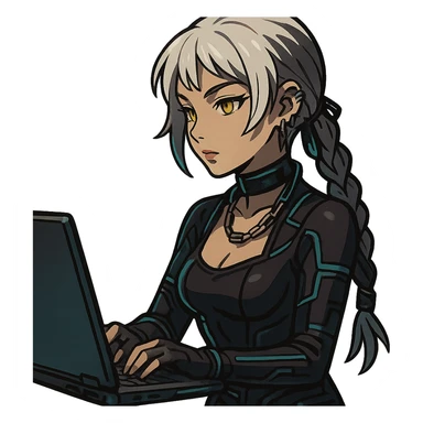  she is sitting at a laptop typing, a closeup portrait of young woman with gold yellow eyes, white hair, long braid, black off-shoulder top d-cup, punk gothic style, futuristic cyberwave cyberpunk, sitting position
 sticker