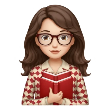 Миловидная девушка брюнетка с длинными  волосами на которых легка волна. карими глазами. В очках и в пижаме с книгой. Картинка должна были в цветах: бежевый, бледно красный, коричневый, белый sticker