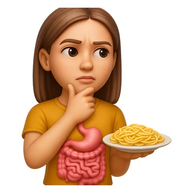 donna che guarda pensierosa con intestino in evidenza un piatto di pasta, stile emoji iphone, iperrealistico 4k sticker