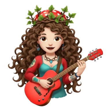 woman with long curly brown hair, brown eyes, white skin, tattoos, wearing a mushroom crown and tuning a neon vine guitar, mischievous rock grin sticker