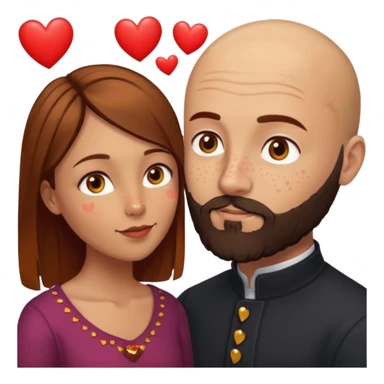 Couple. Bald man with dark brown-black beard. Woman with many small, faded, round freckles, white skin and she has auburn-yellow-brown-caramel-cinnamon dark hair. She has light yellow-brown eyes. He have hazel eyes. They look at each other. Many small red hearts around them. sticker