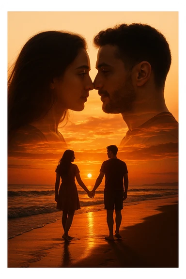 Una doppia esposizione cinematografica di noi di profilo, con un paesaggio di spiaggia al tramonto integrato nella silhouette.
La scena interna ci mostra entrambi camminare sulla sabbia bagnata, tenendoci per mano, con le onde del mare che si infrangono è facile e un cielo colorato dagli ultimi raggi di sole. Atmosfera calda e intima, toni dorati arancioni, dettagli fini ed espressivi, risoluzione 8K. sticker