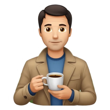 A handsome 45 year old white man with dark hair in a very foggy park with a city view drinking a cup of coffee sticker