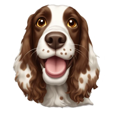 happy brown Springer spaniel with brown spots, mouth open and a small, thin blaze sticker