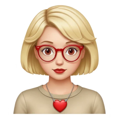 white girl head with short blonde bob hair slightly curled, red round glasses, heart necklace sticker