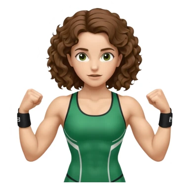 flexing muscles, big biceps, muscled torso, very beautiful italian girl, looking like Emma Watson, with curly and big volume very bright brown hair, dressed in a beautiful green sports costume sticker