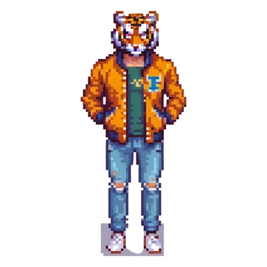 Tony from Hotline Miami, muscular man in varsity jacket with tiger mask, pixel art style sticker