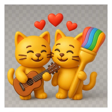 Make the paintbrush rainbow-colored. Keep the two happy cats in love, one with a guitar and the other with a giant rainbow paintbrush. Add hearts above them. The style should resemble 3D emoji style with a transparent background. sticker