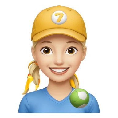 blond woman, pony tail, ball cap sticker