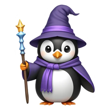 Penguin wearing a wizard hat and robe, holding a magic wand sticker