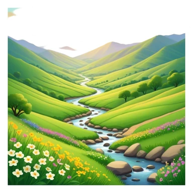 Cinematic Realistic Valley Emoji, Lush and serene, with gently sloping hills surrounding a vibrant green valley filled with wildflowers and a small stream. The soft, golden sunlight filters through the valley, casting peaceful, warm shadows across the landscape. Soft glowing outline, capturing the essence of natural peace and gentle beauty in a sprawling valley. sticker