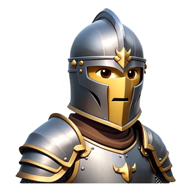 clash-of-clans-aesthetic_-cinematic-fearsome-and-majestic-knight-bust-portrait-emoji, rendered in a flat, vector-style with minimal shading and bold, simplified shapes, depicting a battle-ready medieval knight with steely eyes and intricate armor, mounted on a warhorse reflecting sunlight over a misty battlefield. sticker