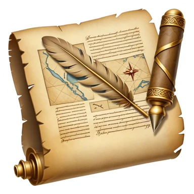An icon featuring an ancient scroll, a quill, and a historical map, symbolizing the study of history. The design includes a timeline with key historical events and artifacts, capturing the essence of the past. Transparent background highlights the exploration of historical events and knowledge. sticker