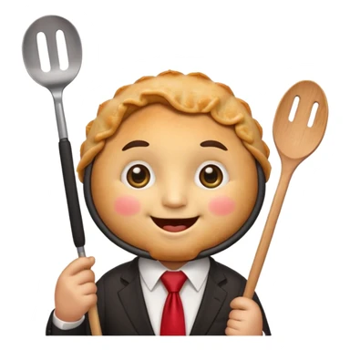 emoji style, happy fried empanada with face, big sparkling eyes, blushing cheeks, two buck teeth, red necktie, holding spatula, thick black outline, golden brown color, very cute and wholesome, transparent backgroun sticker