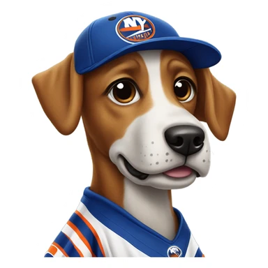 Dog wearing a New York islanders jersey sticker