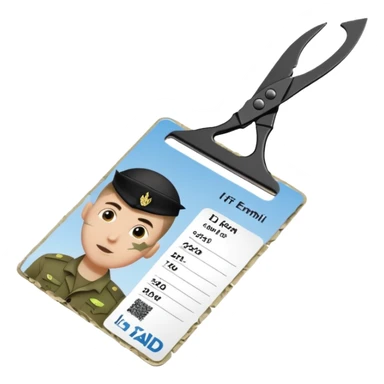 Floating black Scissors cutting in half an idf soldier ID card in 2 parts .hyper realistic sticker