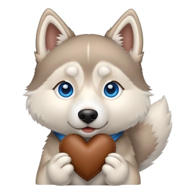 Beige husky with blue eyes holding a brown heart sticker