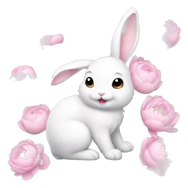 cute white bunny holding light pink peonies sticker