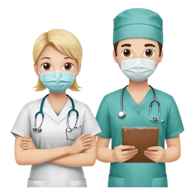 Doctor with surgical mask and scrubs next to another doctor with clipboard sticker