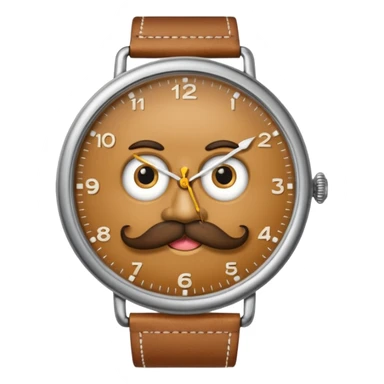 a watch person, a wrist watch with a face (eyes and mouth) in it and the clock hand are positioned to look like a moustache sticker