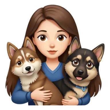 girl with long brown hair holding a german shepherd and holding a husky sticker