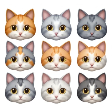 6 realistic looking cats with different natural coloured coats, assorted grey and white, greys, calico colours etc
 sticker