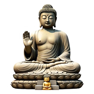 Cinematic Realistic image of the Big Buddha Monument of Sinheungsa Temple, portrayed as a towering, serene Buddha statue carved from weathered stone with intricate details and a gentle meditative expression, set within an ancient temple landscape enveloped in soft, ethereal lighting that underscores its spiritual majesty. sticker