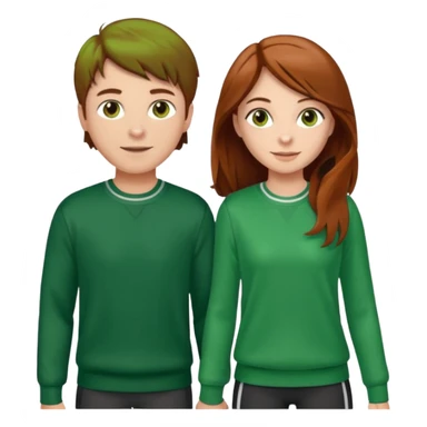 full-length happy couple, girl with long brown hair and hazel eyes in green sweater, boy with auburn hair in sportswear sticker