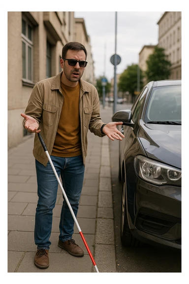A visually impaired person using a white cane, stopped by a car parked on the sidewalk, showing frustration or confusion. sticker