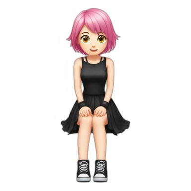 Full body Front view curvy emo girl pink hair sits on the floor straight view hands up black skirt белые трусики полосатые рваные чулки sticker